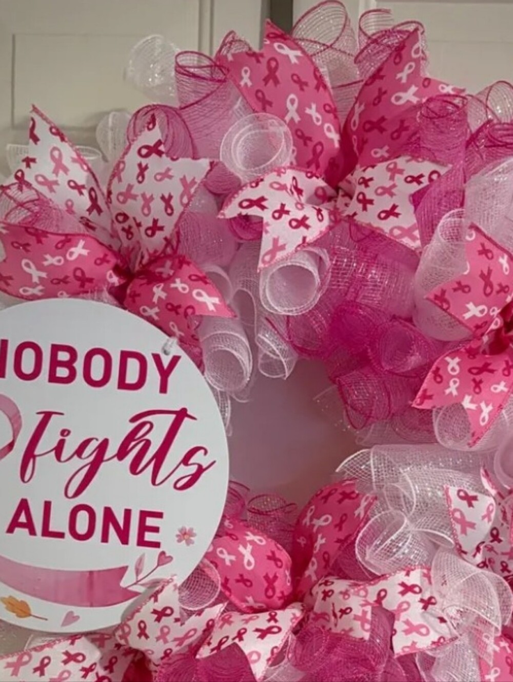 Nobody Fights Alone Pink Breast Cancer Awareness Wreath - Picture 3 of 4